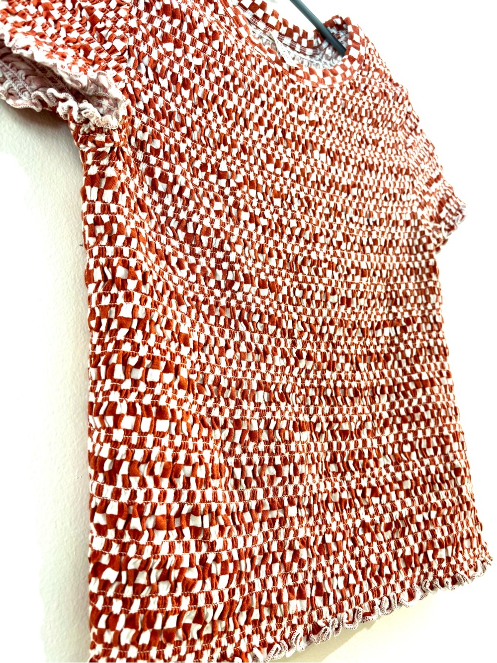 American Eagle Women Rust Checkered Smocked Hey Baby Tee M - Picture 5 of 9